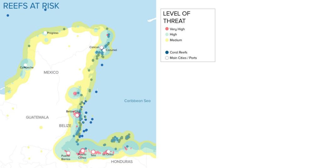 Map of coral reefs at risk of bleaching in Mexico.