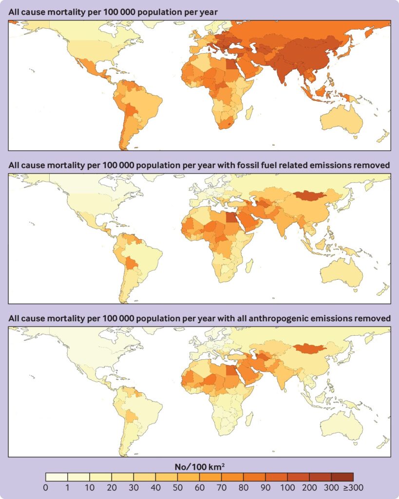 Country Average Deaths per 100,000 Population per Year Attributable to Fine Particulate Matter (PM2.5) and Ozone (O3), and With Fossil Fuel Related and All Anthropogenic Emissions Removed. Source: The BMJ