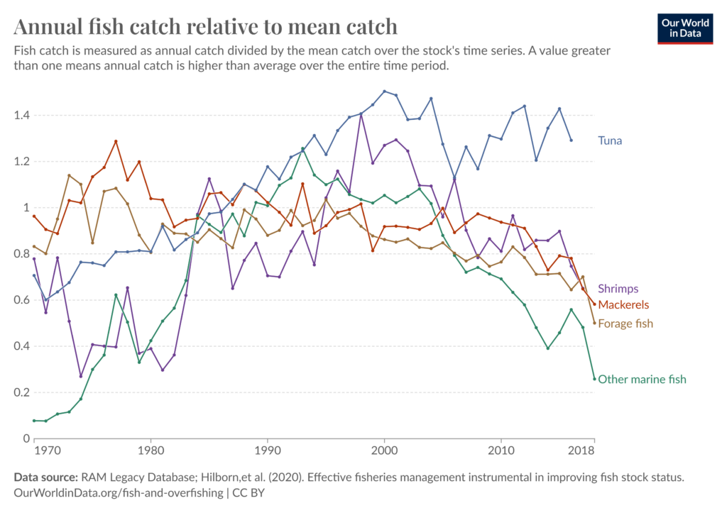 Declining fish stocks over time.