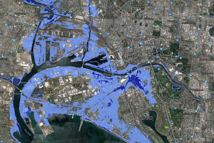 Estimated extent of sea level rise in Melbourne by 2100